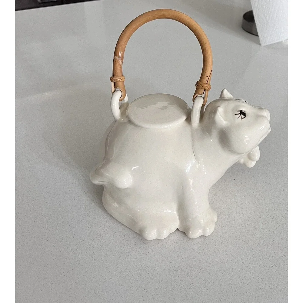 Vtg 1980s Glazed Cream Cat Tea Pot With Bamboo Handle